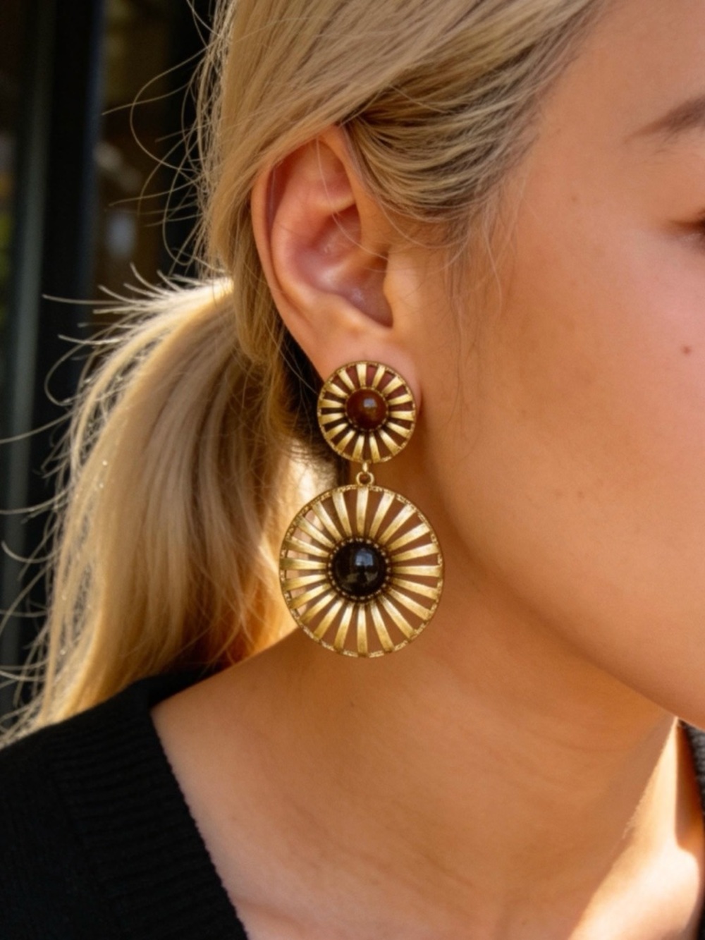 Tiger Eye Drop Earrings, Antique Gold Sunburst Dangle Earrings